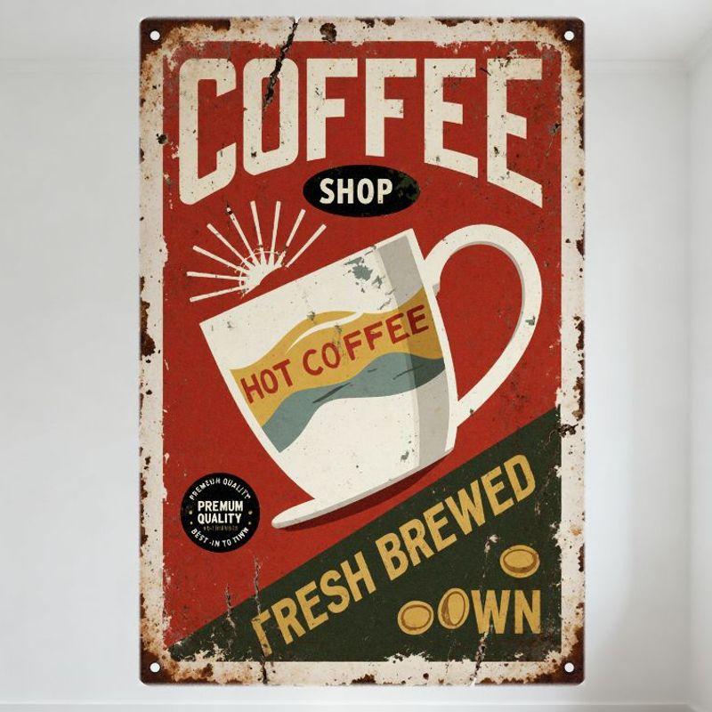 

Vintage Coffee Shop Metal Tin Sign, Red Background with Coffee Cup & Sunburst, COFFEE SHOP Text, Premium Quality Badge, Distre 20x30cm（7.8x11.8inch）