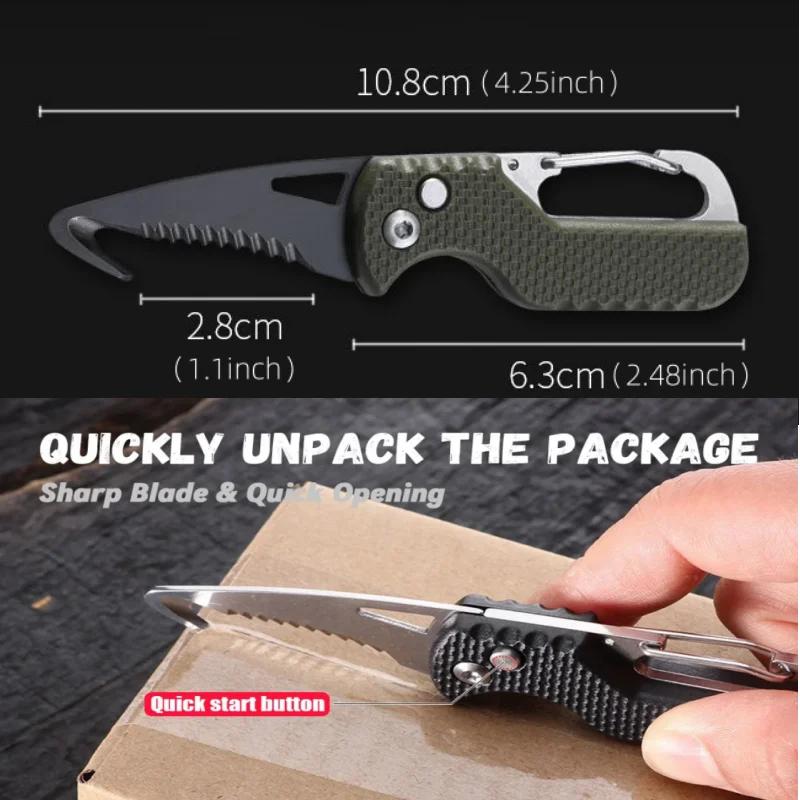 Pocket Folding Knife Portable Express Unpacking Knife with Keychain Serrated Hook Blade Outdoor Multifunctional Survival Tool