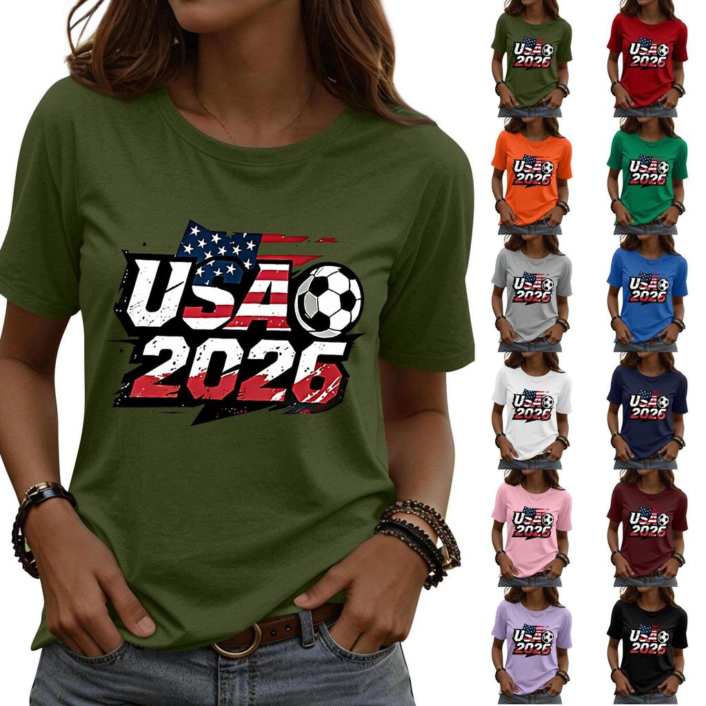 Women’s Short Sleeve Crewneck T Shirt with USA 2026 Graphic Print Soccer Ball Casual Loose Fit Top Tee
