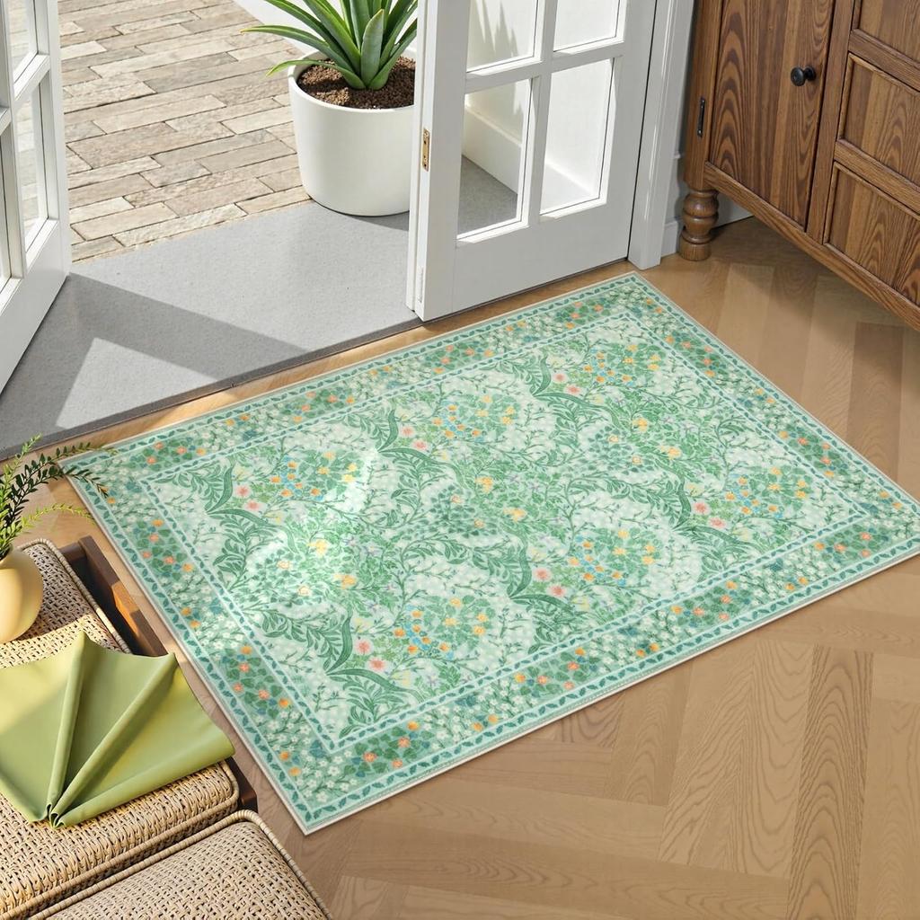Crystal Velvet Carpet Floral Dark Green Area Rugs , Soft Washable Rugs for Living Room Bedroom, Boho Non Slip Low Pile