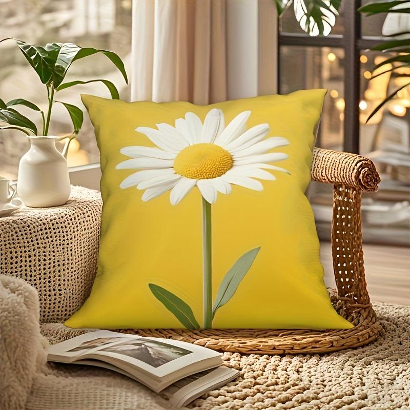 1Pc Bright Yellow Daisy Decorative Pillowcase, 2D Double Sided Print Polyester Cushion Cover, Cheerful Floral Home Accent Pillow