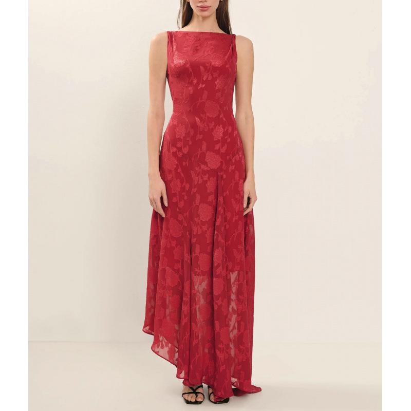 2025 Red Lace Backless Slim Fit Jacquard Irregular Summer Dress for Women Small красный