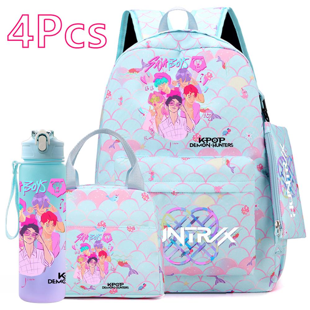 4Pcs/set Anime Cute K-POP Printed Backpack Large Capacity Bookbag HandBag Case Bag with 750ml Water Bottler Boy Girl SchoolBag Waterproof Mochila