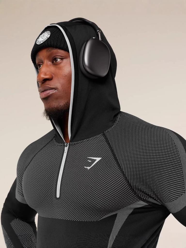 GYMSHARK Men's Onyx High Stretch Long Sleeve Hooded Fitness T-shirt