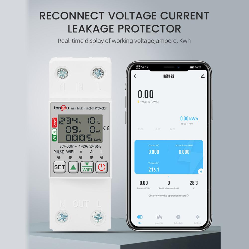 tongou Tuya WiFi Intelligent Energy Meter with Metering Voltage Power Electricity Monitoring Leakage Protector 63A AC85