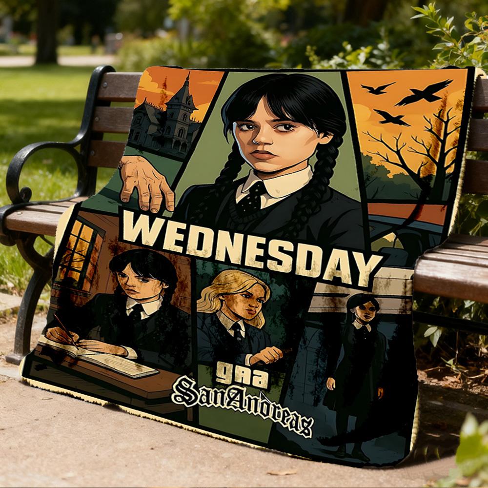 1pc Wednesday Addams Outdoor Flannel Blanket Gift For Boys Girls Adults, Family Friends