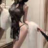 High-quality Flocking New Chinese-style Improved Cheongsam Sexy Perspective High Split Ink Style Sexy Underwear Straps