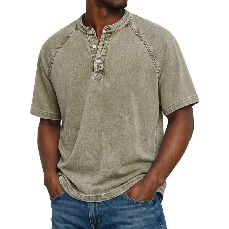 Men's Light Blue Denim Henley Short Sleeve Shirt