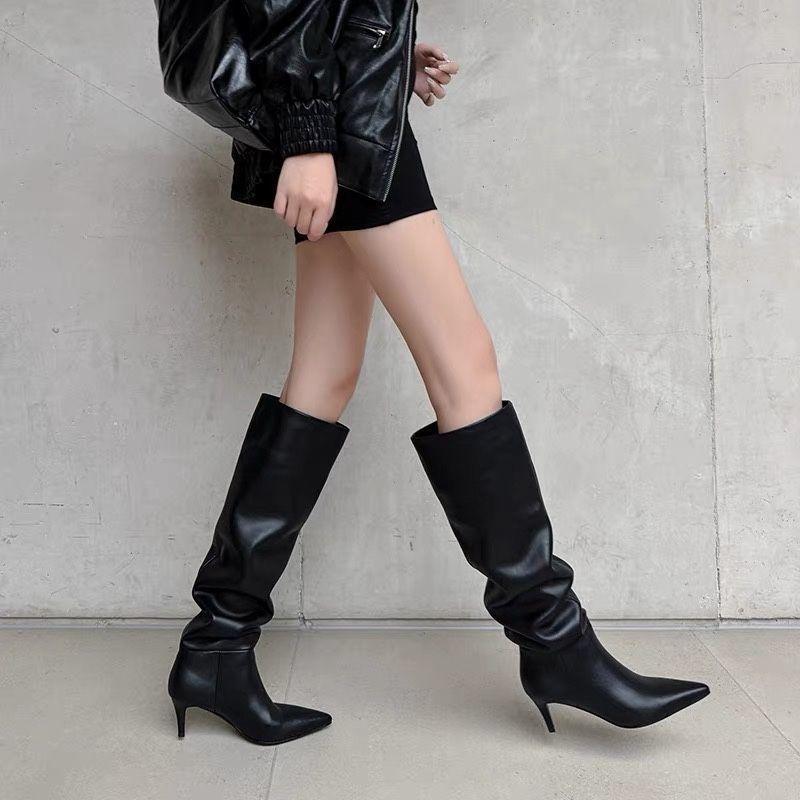 Bottes Femmes Polyvalentes Bottes White Knight Pointues Hauts Talons Fins Style Étranger Mais Bottes Hautes Bottes Hautes Talons Fins Emballées