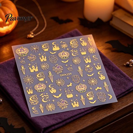 Suministros para Salón de Uñas Pegatinas de Arte 3D de Halloween, Calabaza Metálica Dorada, Fantasma, Telaraña, Decoraciones Fáciles de Aplicar, Pegatinas de Sombrero de Bruja, Autoadhesivas