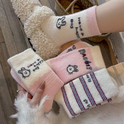 Pink Australian Velvet Socks Season Warm Medium Tube Socks Piled Thickened Home Sleep Socks Cute Cartoon Stockings