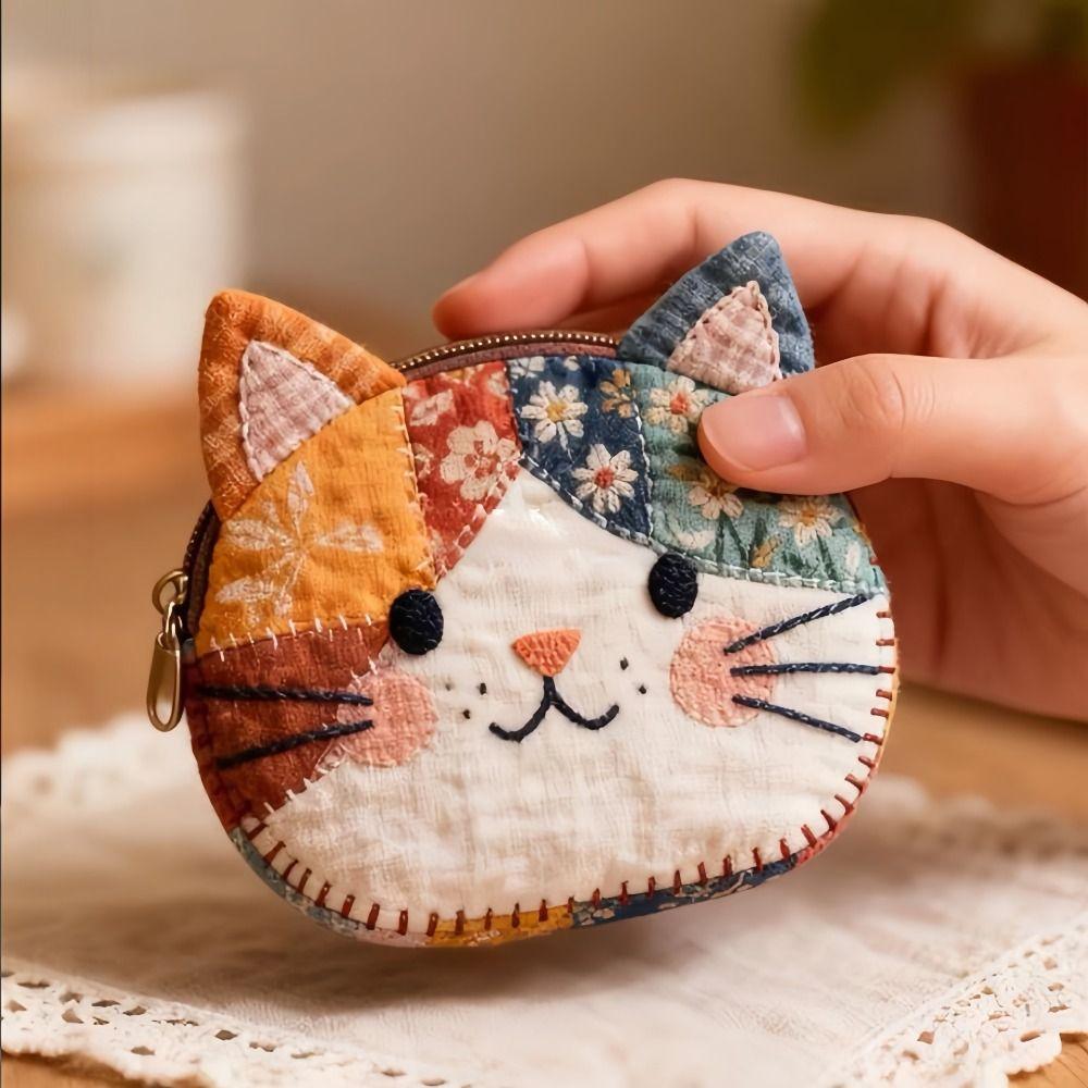 Portable Patchwork Pencil Case Cat Large Capacity Pen Bag Stationery Pouch School Supplies