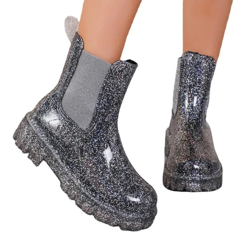 PU Ankle Modern Boots Hot Sale Square Heel Ladies Shoes Winter Slip-On Round Toe Mid Heel Splicing Sexy Women's Boots