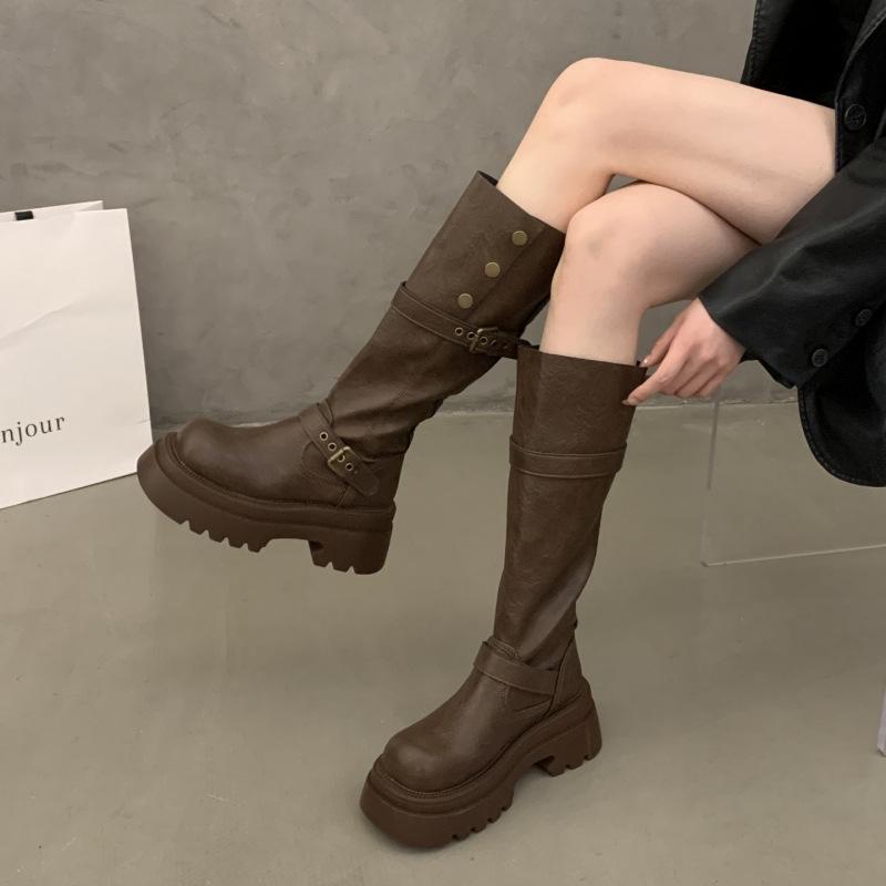 2025 autumn new retro thick-soled Maillard boots trendy belt buckle high tube but knee knight boots women