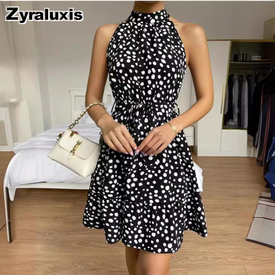 Summer New Women's Dresses Sleeveless Polka Dot Tie-Up Ruffled Hem Dress