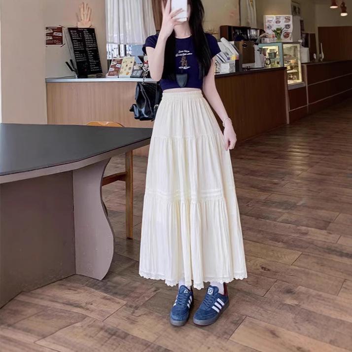 Women's White High Waist Pleated Lace Patchwork Midi Skirt - Summer A-Line Swing