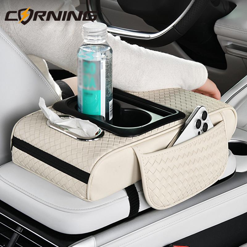 Car Center Console Armrest Cushion PU Leather with Cup Holder Tissue Box Universal Style 7.5CM Thicken Height Car Armrest Pad