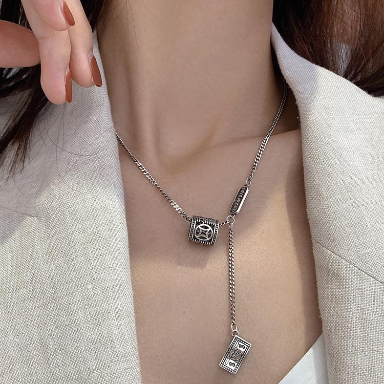 Japanese & Korean Retro US Dollar Coin Pendant Necklace, Women s 925 Sterling Silver Ruyi Lock Clavicle & Sweater Chain. Electroplated Thai Silver