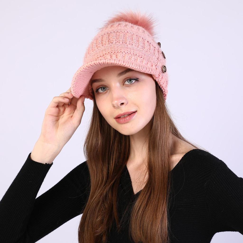 Autumn Winter Women Button Plush Thickened Warm Duck Tongue Big Wool Ball Knitted Wool Hat