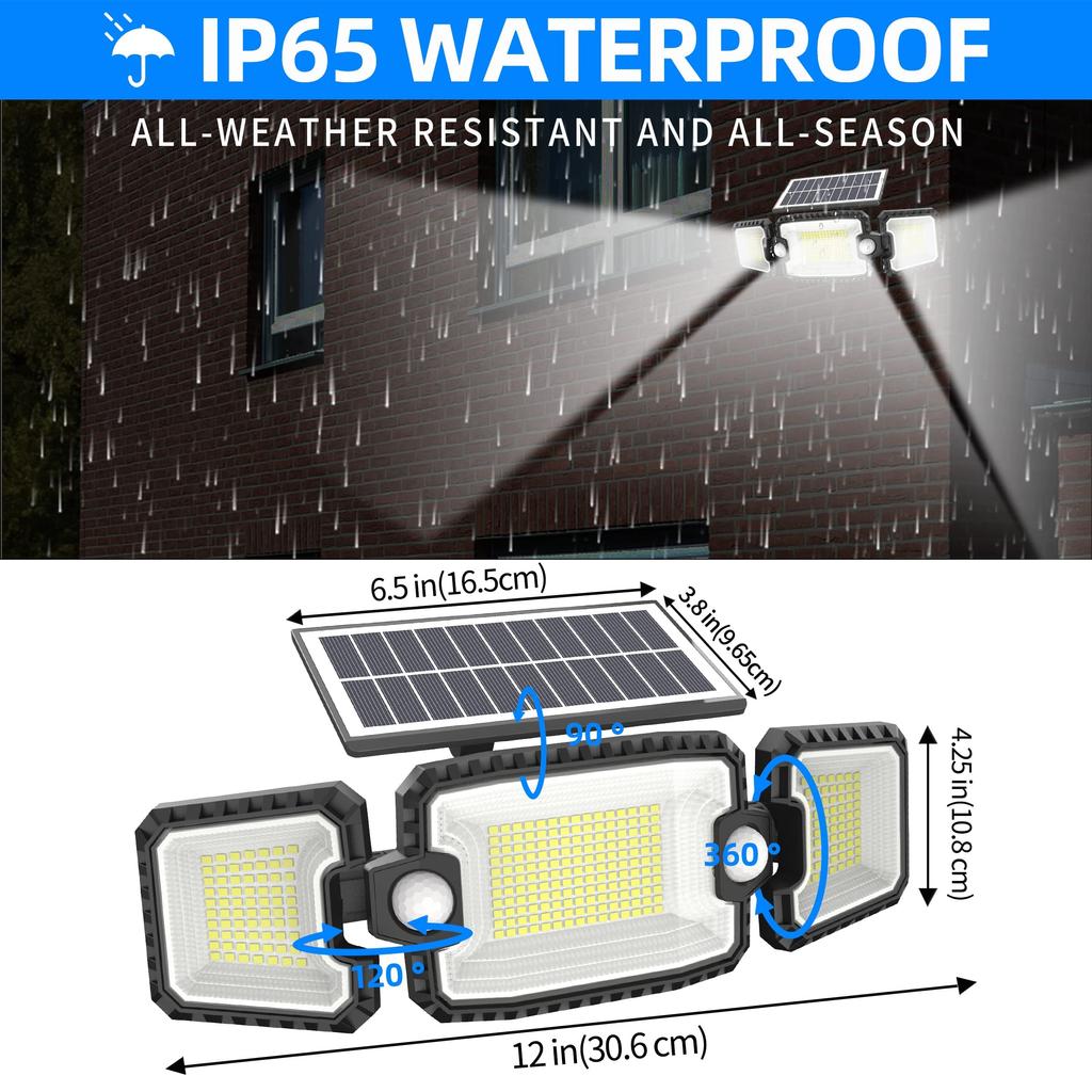 Solar Security Lights Outdoor Motion Sensor, 305 LED Dual-Sensor Solar Flood Lights with Rotatable Solar Panel, 3 Adjustable Heads 3 Modes