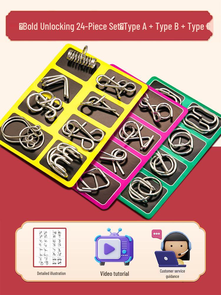 24-Piece Kongming Interlocking Rings Puzzle Set for Children - Fun Disentanglement Challenge