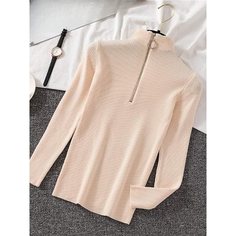 Women Fashion Solid Knitted Sweaters Vintage Long Sleeve Zip-up Basic Half Turtleneck Sweater Female Pullovers Chic Casual Tops