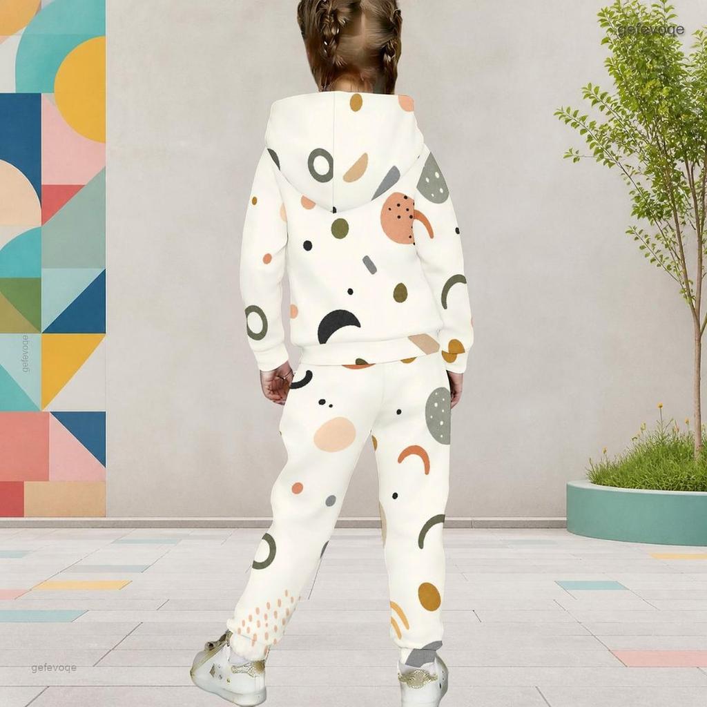 Girls Hooded Long Sleeve Printed Two Piece Set Kangaroo Pocket Cuffed Pants