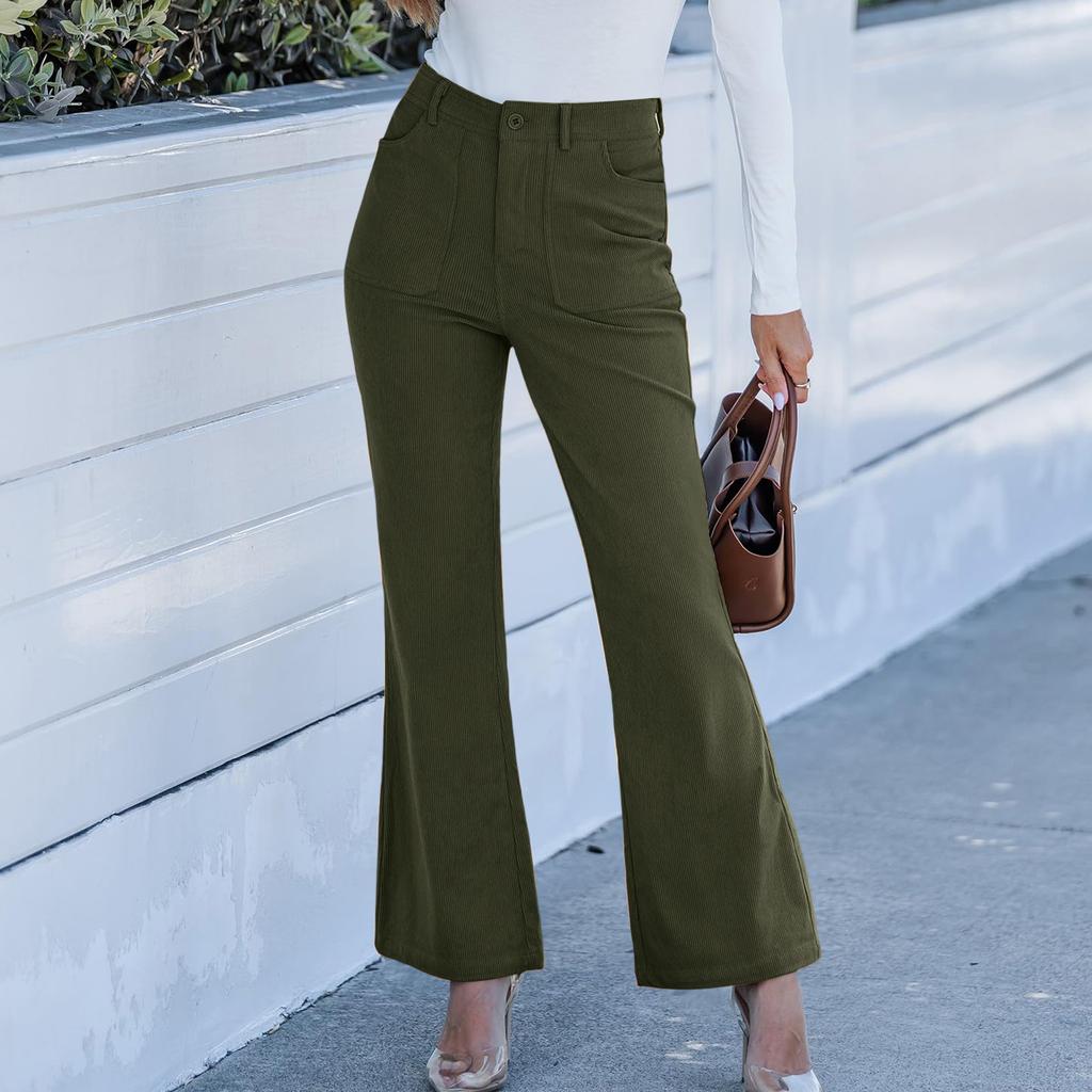 Corduroy Pants For Women Flare High Waisted Fall Winter Elastic Waist Stretchy Work Casual Trendy Wide Leg Pants