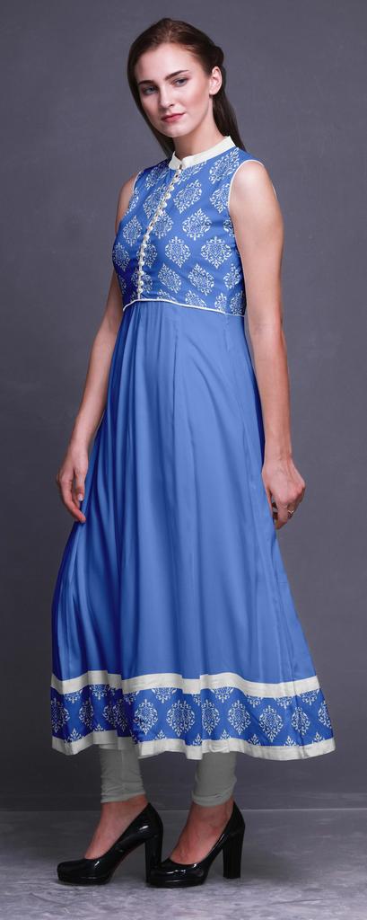 Bimba Blue Damask Indian Kurtis For Women Solid Readymade Anarkali Dress Printed Indian Kurti