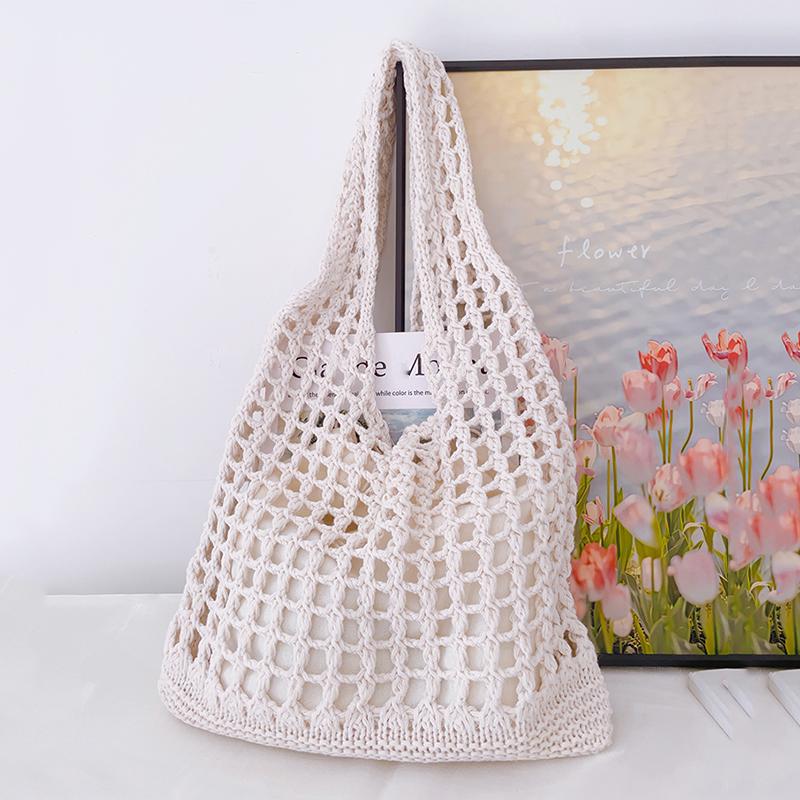 Solid Color Knitting Shoulder Bag Large Capacity Versatile Bohemian Crochet Tote Bag Hollow Out Casual Woven Handbag Women