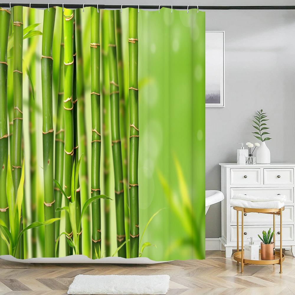 Grüne Pflanzen Bambus Blumen Zen Stein Badezimmervorhang Polyesterstoff Duschvorhänge und Teppiche Toilettendeckel Badematten Set Dekor