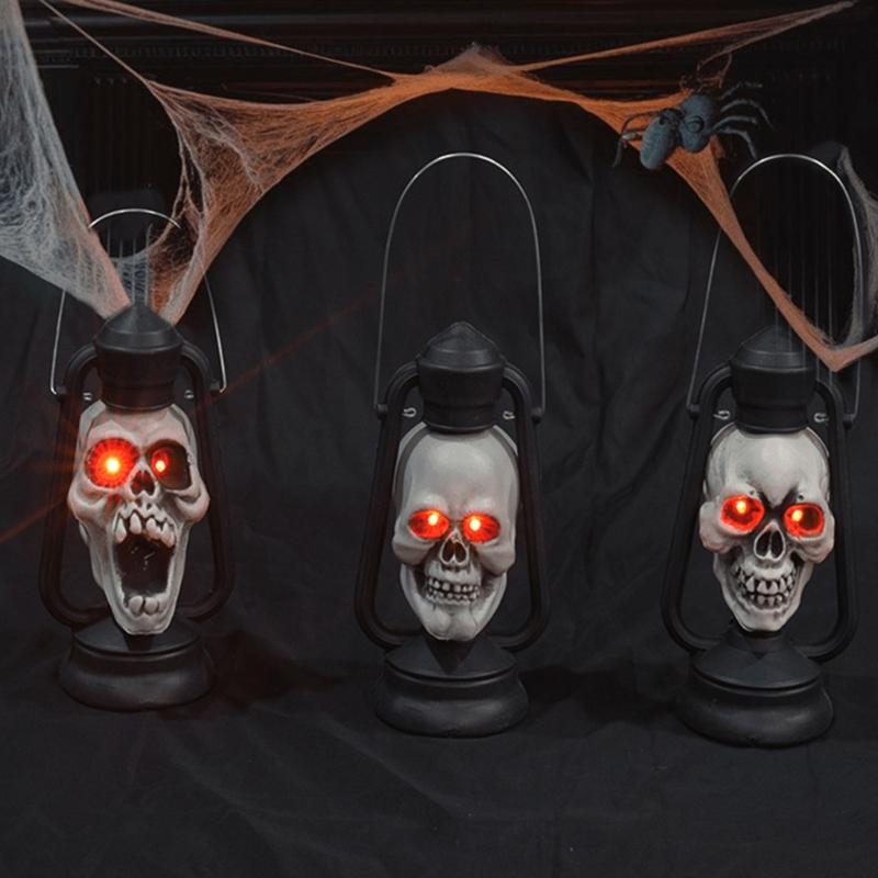 Retro Style Skull Head Light Handheld Skeleton Head Light Halloween Decoration With Handle For Home And Outdoor Parties