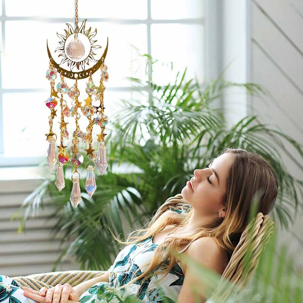 2025 1PC Gold Flame Moon Crystal Pendant Sunlight Catcher Outdoor Garden AB Colourful Hanging Decorations Hanging Ornaments