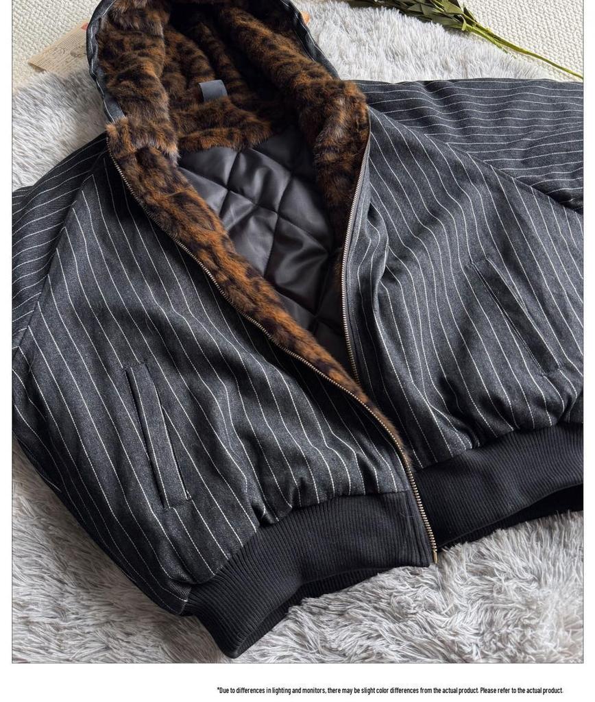 Unisex Hooded Winter Jacket with Vertical Stripes, Leopard Print Lining, and Color Block Patchwork.