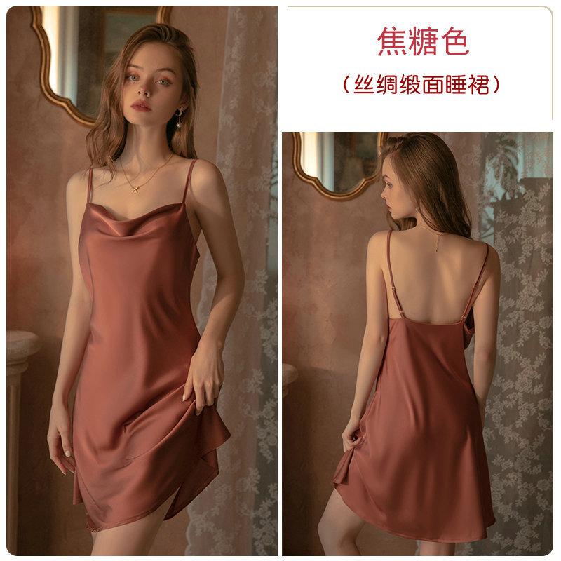 New sexy temptation ice silk suspender nightdress women's summer solid color swing collar sex pajamas slim skirt loungewear
