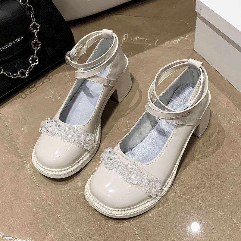 Fairy style Mary Jane shoes girl 2025 new thick heel rhinestone Korean version small leather shoes French strap high heels