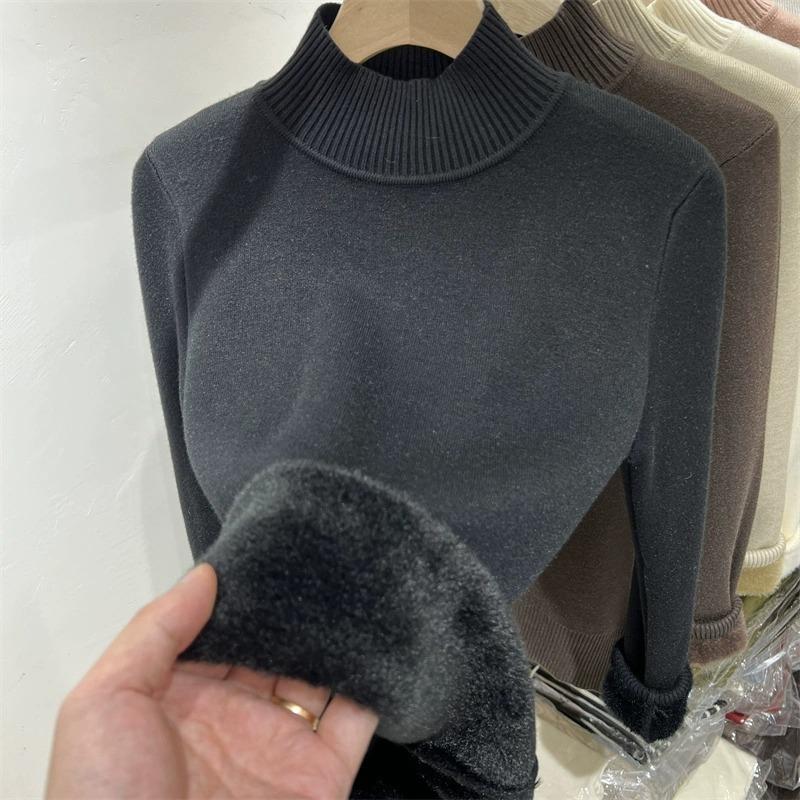 Herbst- und Winter-Halbrollkragenpullover Damen verdickt integriertes Fleece warmes Innenoberteil einfaches einfarbiges gestricktes Unterhemd