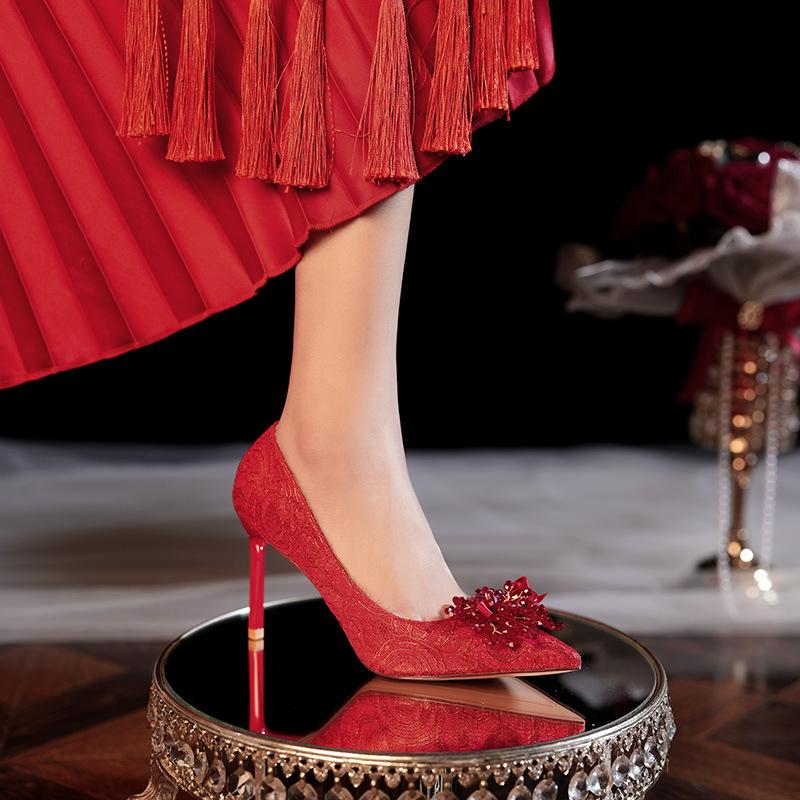 Spitze Stiletto Satin Applikation High Heels rot festliches Brautkleid Hochzeitsschuhe Brautjungfernschuhe