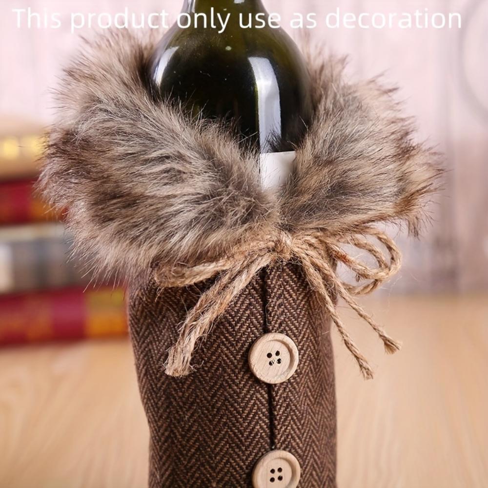 1Pc Christmas Wine Bottle Cover With Plush Collar,Polyester Wine‑Bottle Sleeve for Holiday Party,Home Decoration
