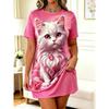 Women'S Plus Size T-Shirt Dress, Pink Cat And Rose Print Short-Sleeved Nightdress, Loose And, Can Be Worn Outside