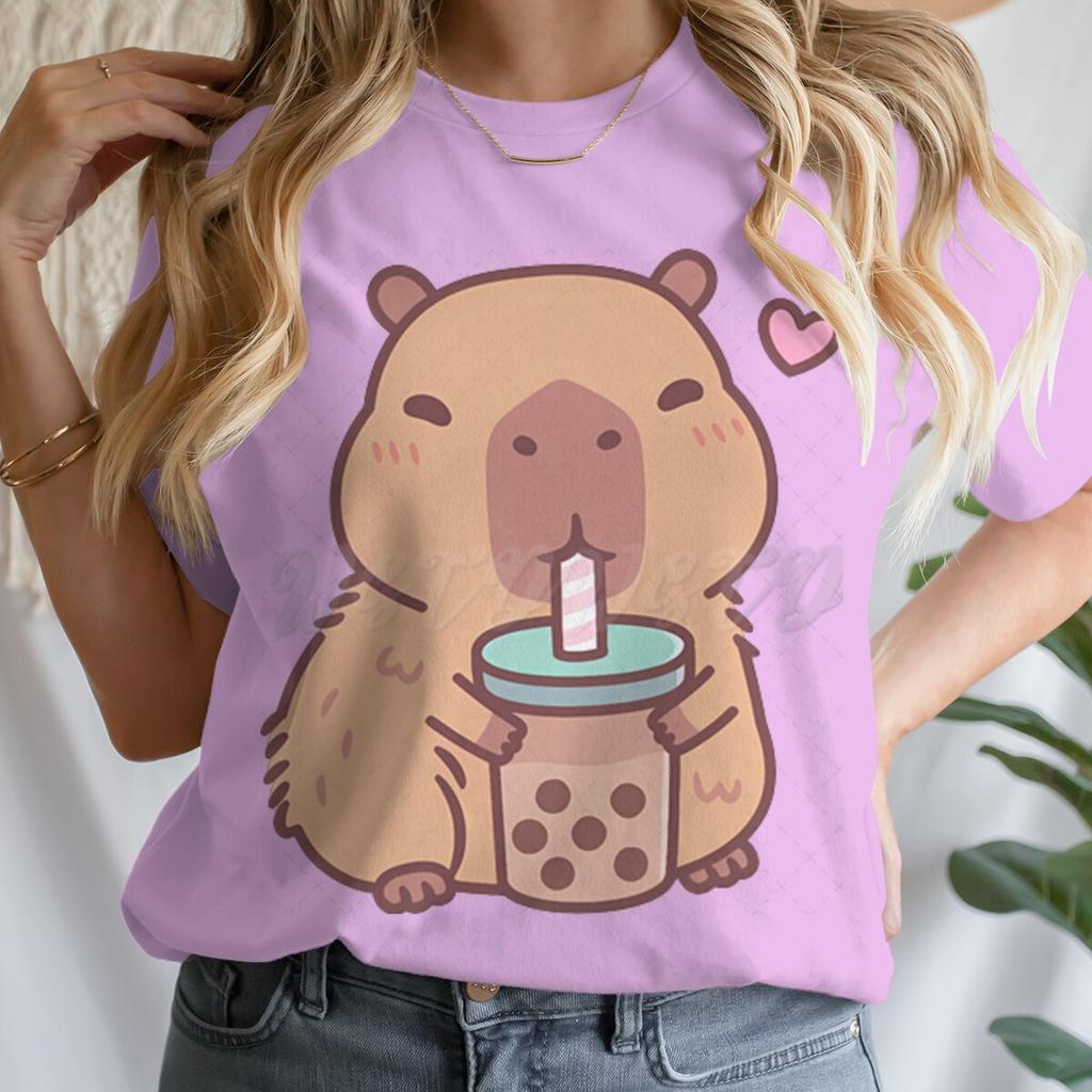 Tie Dye Animal Graphic Lover Gift Shirt Tee Capybara Kawaii Cartoon T-shirts Crew Neck Casual Summer Drink Tops