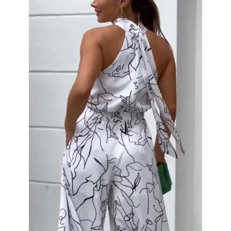 Tuta elegante allacciata alla caviglia Stampa casual Cravatta Vita senza maniche Tuta estiva con pantaloni lunghi a gamba larga Abbigliamento da donna