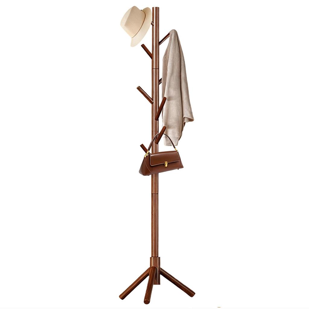 Solid Wood Floor-Standing Coat Rack with Movable Hangers for Clothes and Bags