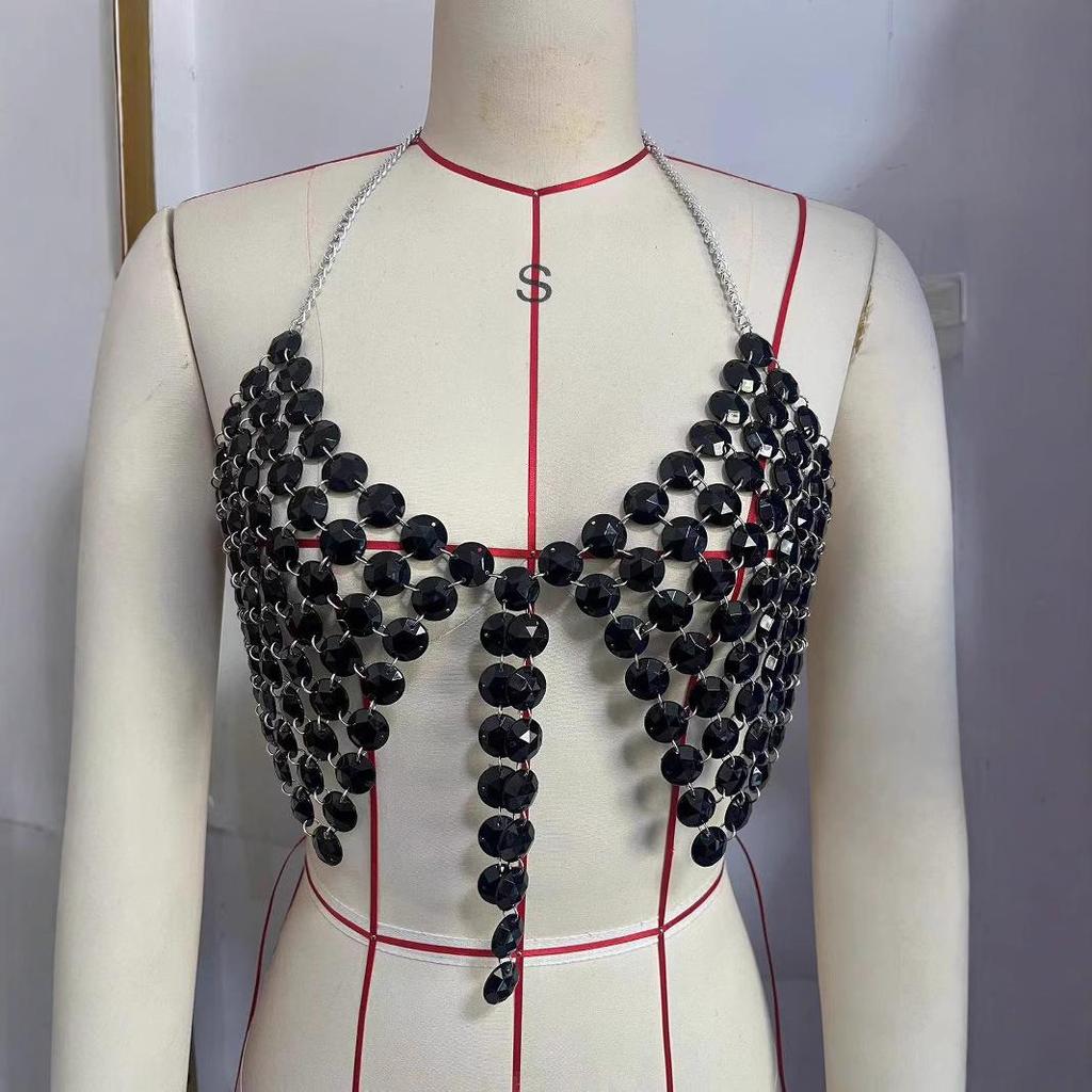 Black Chain & Pearl Patchwork Halter Vest Body Chain
