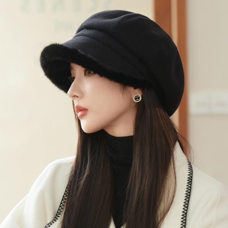 Thickened Plush-edged Octagonal Hat Female British Fashion Painter Hat Autumn and Winter Japanese Newsboy Hat