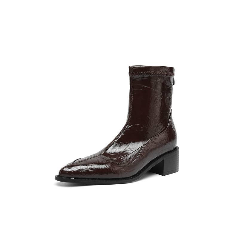 Korean version of the new low-heeled large-size women's boots, solid color pointed square-heeled rear zipper, autumn and winter soft-soled medium-