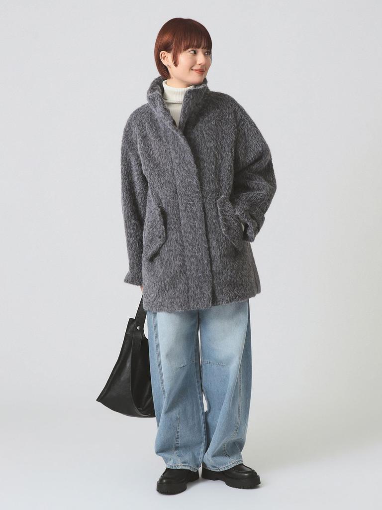 Ray Beams Women's Shaggy Stand Collar Half Coat, Gray 1