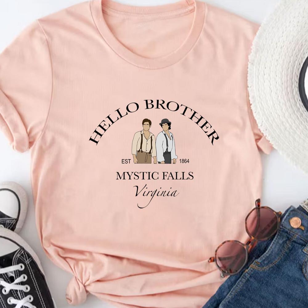 Vintage Hello Brother Tshirt Vampire Diaries Shirt Salvatore T-Shirt TV Show Tee Mystic Falls Virginia Tops Tvd Gifts