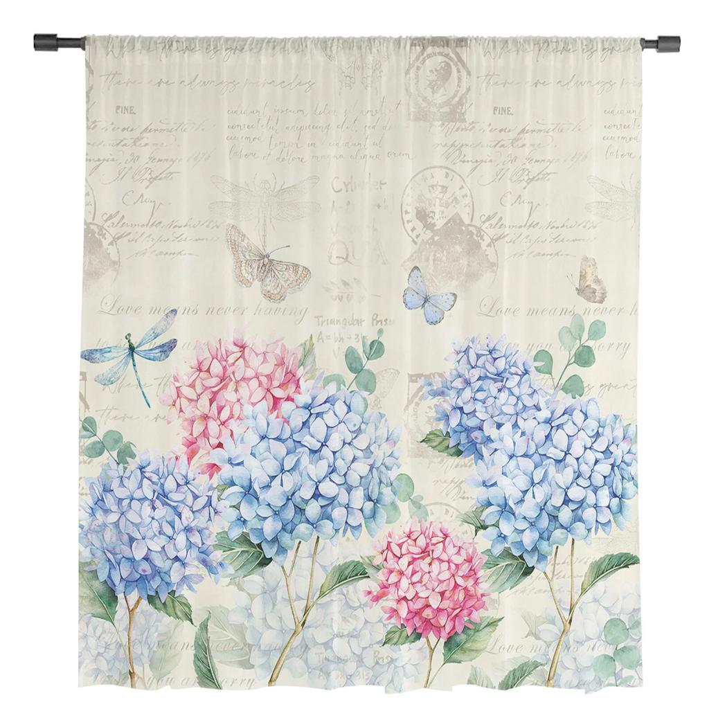 Wiosenny Kwiat Hortensji Ważka Vintage Przezroczyste Woalowe Zasłony Okienne Tiulowe Zasłony Dekoracja Salonu Balkonu Draperie