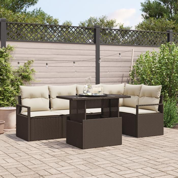 Ensemble de Canapé de Jardin 6 Pièces avec Coussins Marron Poly Rattan, Canapé de Jardin 2 Places avec Rangement et Coussins 3357561